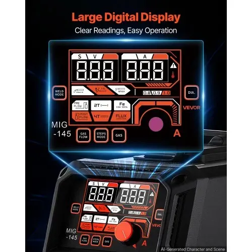 VEVOR 145A MIG-Schweißgerät 4-in-1 MIG/Fülldraht/Lift-TIG/MMA-Schweißen, 220V Tragbare Schweißmaschine für Werkstatt Garage & Heimwerker, IGBT-Inverter, Synergiesteuerung, 2T/4T-Modi, Digitalanzeige – Bild 5