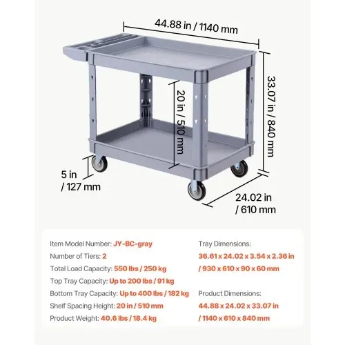 VEVOR Servicewagen Werkstattwagen Werkzeugwagen aus PP 1140x610x840 mm Grau, Rollwagen mit 250kg Tragkraft, Inkl. 2 Ebene 4 Rolle & Handgriff mit Ablagefach, Allzweckwagen für Garage Lager Werkstatt – Bild 6