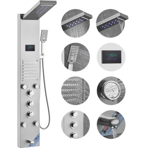 VEVOR Duschpaneelsystem, 6 Duschmodi, LED- und Bildschirm-Wasserkraft-Duschpaneelturm, Regenfall, Wasserfall, 5 Massagedüsen, Wannenauslauf, Handbrause, wandmontiertes Duschset aus Edelstahl VEVOR Duschpaneelsystem, 6 Duschmodi, LED- und Bildschirm-Wasserkraft-Duschpaneelturm, Regenfall, Wasserfall, 5 Massagedüsen, Wannenauslauf, Handbrause, wandmontiertes Duschset aus Edelstahl