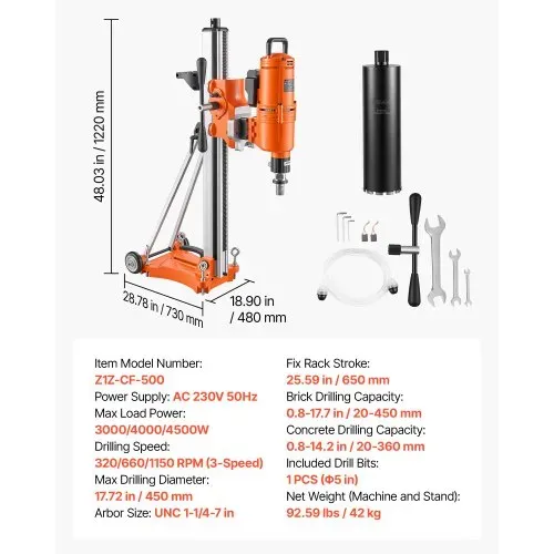 VEVOR Diamant Kernbohrgerät 4500W Kernbohrmaschine Trocken & Nass 20-450mm, für Beton Ziegel Stein 127mm Nassbohrer Neigbarer Ständer Fahrgestell 1150U/min 3-Stufiger Drehzahlregler UNC1 1/4-7-Gewinde – Bild 6