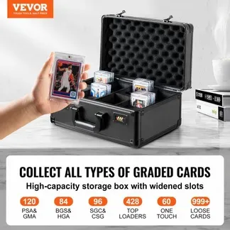 VEVOR Aufbewahrungsbox, 4 Fächer, Tragetasche für Sportkarten mit Schaumstoffteilern und Codeschloss, für 120 bewertete PSA-Karten, 84 BGS-Karten, 96 SGC-Karten, 428 Top Loader oder 999+ lose Karten VEVOR Aufbewahrungsbox, 4 Fächer, Tragetasche für Sportkarten mit Schaumstoffteilern und Codeschloss, für 120 bewertete PSA-Karten, 84 BGS-Karten, 96 SGC-Karten, 428 Top Loader oder 999+ lose Karten