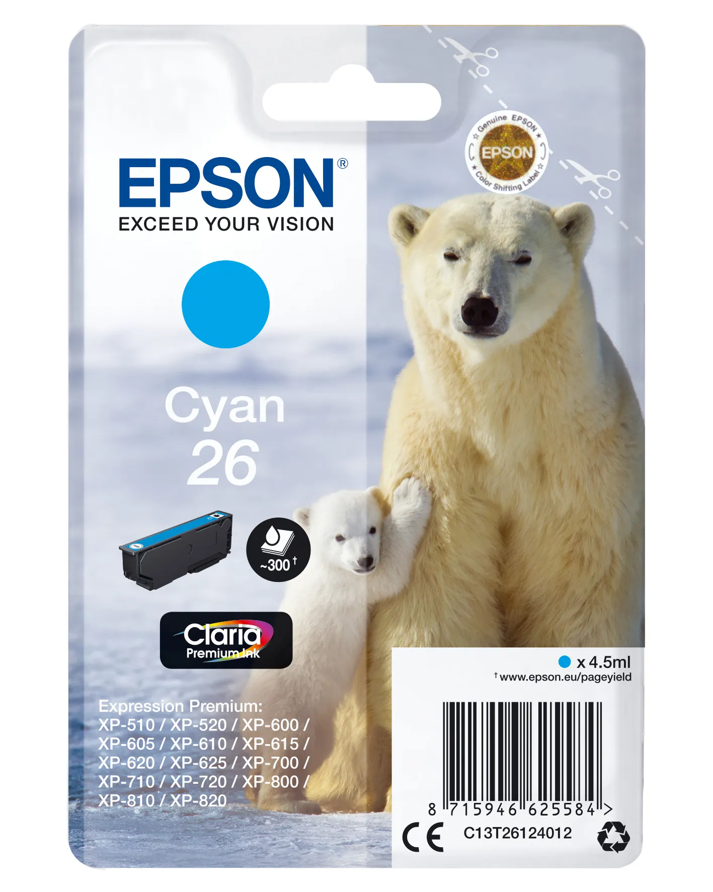 Epson Polar bear Singlepack Cyan 26 Claria Premium Ink Epson Polar bear Singlepack Cyan 26 Claria Premium Ink