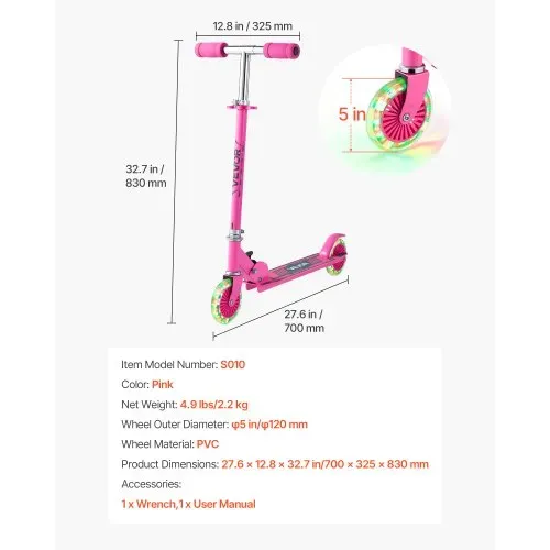 VEVOR Scooter (2 Räder) für Kinder ab 3 Jahren, Cityroller Kinderroller mit leuchtenden Rädern & höhenverstellbarem Lenker & rutschfestem Deck & faltbarem Rahmen, Tretroller bis zu 50 kg, Pink – Bild 6