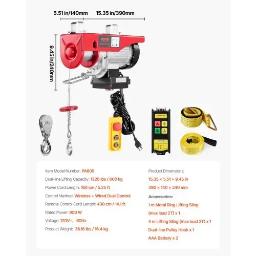 VEVOR Elektrische Seilwinde, 600 kg, Motorwinde mit 100 m kabelloser und 4,2 kabelgebundener Fernbedienung, 12 m Hubhöhe mit Einzelkabel, Einzel-/Doppelschlingen, Hebezeug für Garage, Lager, Fabrik – Bild 6