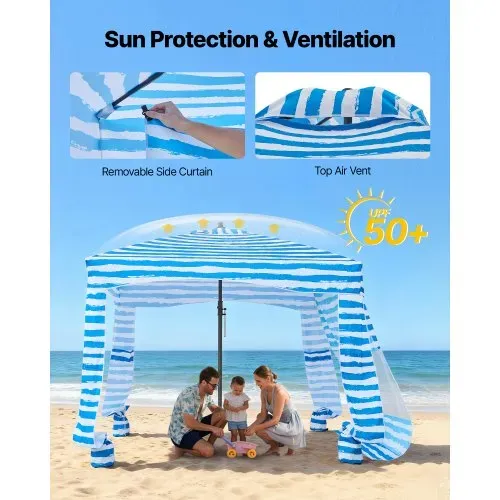 VEVOR Strand-Cabana 183 x183 cm Strandüberdachung mit Seitenwand, UPF 50+ Sonnenschutz, Strandpavillon mit Sandsäcken, tragbarer Sonnenschutz Sonnenschirm für Familie Freunde Blaue Streifen – Bild 3