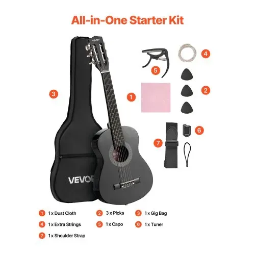 VEVOR Konzertgitarre, 780 mm, Holz-Klassikgitarren-Starter-Set für Anfänger, mit Nylonsaiten, Gigbag, Gurt, Stimmgerät, zusätzlichen Saiten, Plektren, Kapodaster, Linde, für Einsteiger, Schwarz – Bild 6