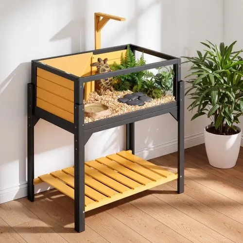 VEVOR Schildkrötenhaus Schildkrötengehege Reptilienkäfig 840x510x900 mm, für Schildkröten, aus Tannenholz, mit 2 Räumen, Ausziehbarer Ablage, Lampenständer, Aufklappbarem Deckel & Acryl-Sichtfenster – Bild 7