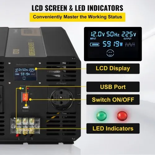 VEVOR Wechselrichter 6000 W, Modifizierter Sinus-Wechselrichter DC 12 V auf AC 230 V Auto-Konverter mit LCD-Display, LED-Anzeigen, EU-Steckdosen, Wechselrichter, für Auto, Wohnmobil, Lkw, Boot, Reisen – Bild 3