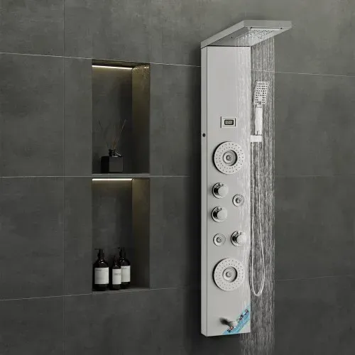 VEVOR Duschpaneelsystem, 6 Duschmodi, LED- und Display-Duschpaneelturm, Regenfall, Wasserfall, 4 Körpermassagedüsen, Wannenauslauf, Handbrause, 150 cm Schlauch, Wandmontiertes Duschset – Bild 7