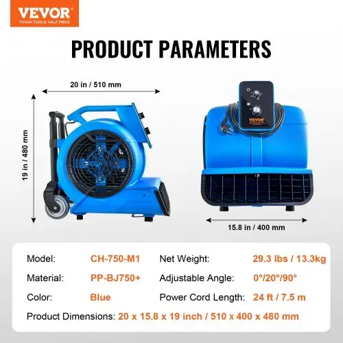 VEVOR Bodengebläse, 1400 U/min, 4000 CFM, Luftbeweger zum Trocknen und Kühlen, tragbarer Teppichtrockner-Ventilator mit 3 Blaswinkeln, Timer, 3-Geschwindigkeitseinstellung, für Hausmeister, Haushalt und gewerbliche Nutzung – Bild 6