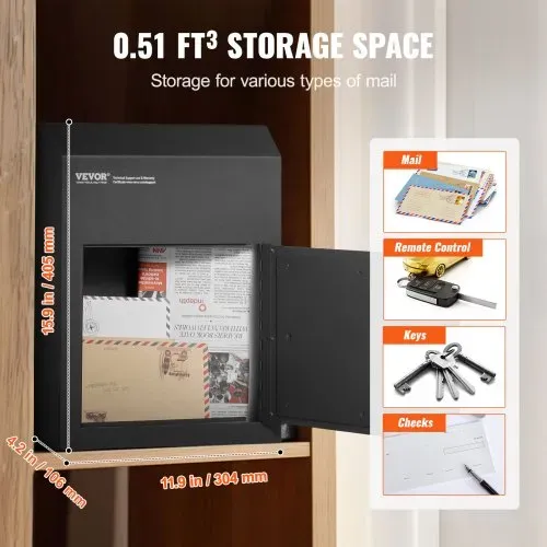 VEVOR Mauerdurchwurf Briefkasten, robuster Stahl-Einbaubriefkasten für Türen mit einer Stärke von 43 mm, Durchwurfbriefkasten inkl. 2 Schlüssel, 304 x 106 x 405 mm Briefkasten, Schwarz – Bild 2