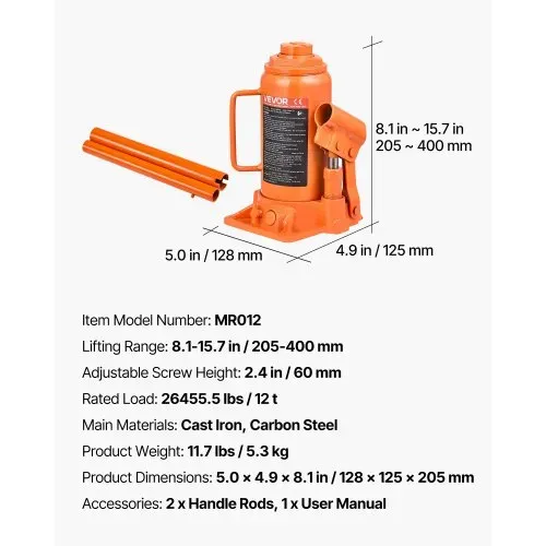 VEVOR hydraulischer Wagenheber Flaschenwagenheber 12 t 205–400 mm Hubbereich, Hochleistungs-Stempelwagenheber für Auto SUV Pickup Autoreparatur Hauslift landwirtschaftliche Geräte, Orange – Bild 6