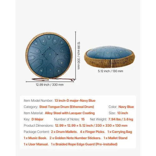 VEVOR Zungentrommel, 33 cm 15-Noten-Regentrommel, C-Dur-Musiktrommeln mit Notenbuch & Schlägeln, Steel Tongue Drum für Meditation, Yoga, musikalische Ausbildung für Anfänger, Marineblau – Bild 6