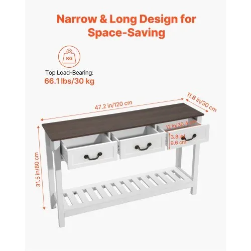 VEVOR Konsolentisch Sofatisch mit Schubladen & Ablagefach, schmaler rechteckiger Eingangstisch aus MDF + Spanplatte für Flur Schlafzimmer Wohnzimmer Foyer, Flurtisch 120 x 30 x 80 cm Braun + Weiß – Bild 2