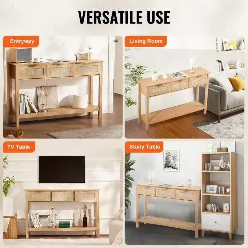 VEVOR Rattan-Konsolentisch mit 3 Schubladen, Rattan-Eingangstisch mit natürlicher Rattan-Schiebetür, Konsolen-Sofatisch für Wohnzimmer, Arbeitszimmer, Eingangsbereich oder Fernsehwand, Natur – Bild 5
