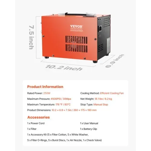 VEVOR PCP-Luftkompressor, 4500 PSI PCP-Luftgewehrkompressor mit eingebautem Konverter & Lüfterkühlsystem, DC12 V/AC230 V Kompressorpumpe mit manuellem Stopp für Luftgewehr, Paintball & Tauchflaschen – Bild 6