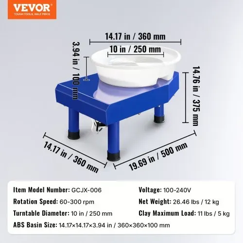 VEVOR Töpferscheibe 25 cm Keramikscheibe Keramik Rad Maschine 60-300 U/min, mit Fußpedal Abnehmbares ABS-Becken LCD-Bedienfeld Modellierwerkzeug & Schürze für Heimwerkerprojekte – Bild 6