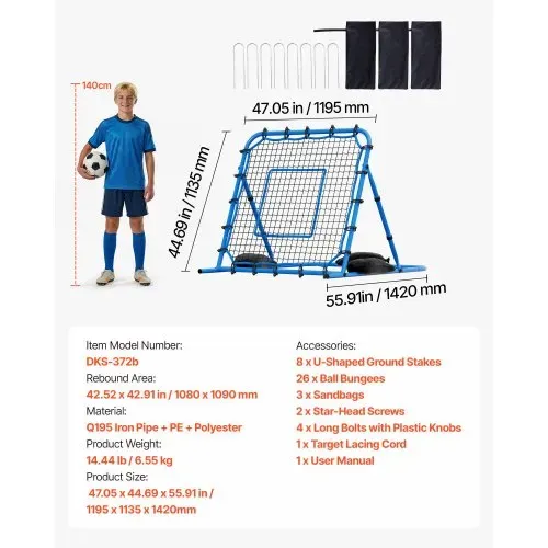 VEVOR Fußball Rebounder 108 x 109 cm, Rückprallnetz mit Verstellbarem Winkel & Robustem Eisenrahmen, PE-Trainingsnetz für Ballkontrolle & Passtraining, Balltrainingsgerät für Jugendliche & Erwachsene – Bild 6