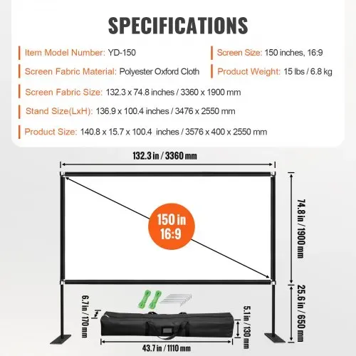 VEVOR Projektionsleinwand mit Ständer 381cm Tragbare Filmleinwand 16:9 Outdoor Indoor Beamer Leinwand 347 x 201.9cm Mobile Beamer Leinwand 160° – Bild 6