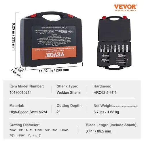 VEVOR Kronenbohrer-Set Metall 13 tlg. 7/16, 1/2, 9/16, 11/16, 5/8, 3/4, 13/16, 7/8, 15/16, 1, 1-1/16 Zoll, Kernbohrer-Satz 50,8 mm Schnitttiefe Ringschneider-Set, Zubehör für Magnetbohrmaschinen – Bild 6