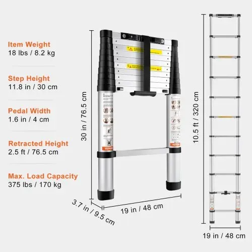 VEVOR 3,2m Teleskopleiter Rutschfester Klappleiter 48x9,5x76,5cm Stehleiter Ein-Knopf-Rückzug Mehrzweckleiter Aluminiumlegierung 170kg Belastbarkeit Ideal für Hausreparaturen Dekoration Wandanstrich – Bild 6