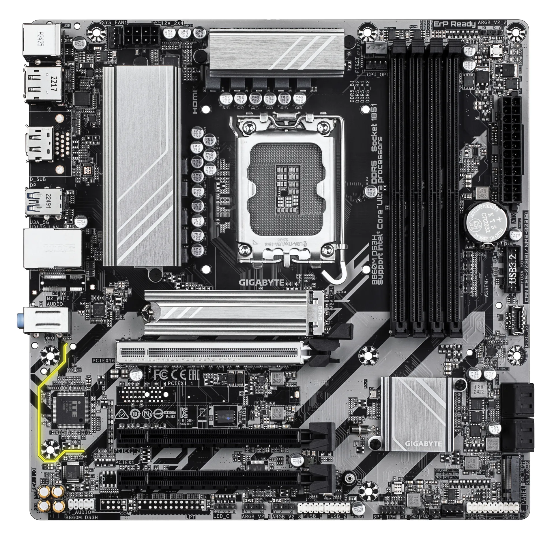 GIGABYTE B860M DS3H Mainboard - Intel Core Ultra CPUs, 5+1+2+1 Phasen VRM, bis zu 9066MHz DDR5, 1xPCIe 5.0 + 1xPCIe 4.0 M.2, 2,5 GbE LAN, USB 3.2 Gen 2 – Bild 2