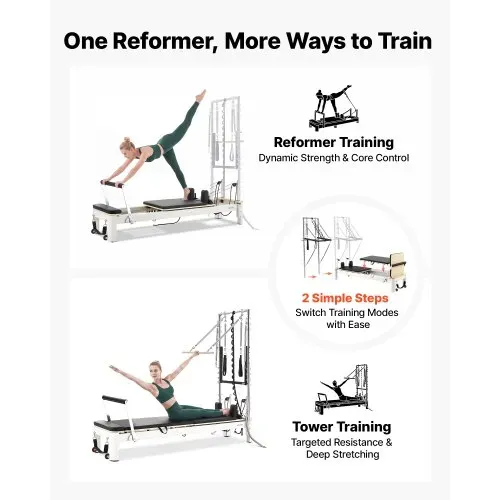 VEVOR Pilates Reformer mit Half Tower 2370x795x200 mm Aluminiumlegierung Ideal für Heimgebrauch & Fitnessstudio, bis 181 kg Belastbar, mit Jumpboard, Federn, Pilates-Box und Verstellbarer Kopfstütze – Bild 5