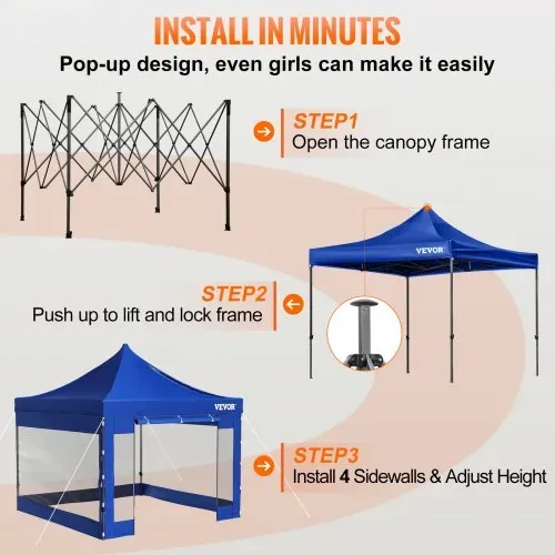 VEVOR Pavillon faltbar 3x3m Faltpavillon 240g PVC-beschichtetes Polyester Pop-Up-Pavillon 1,95-2,13m Einstellbar Partyzelt Festzelt Strandzelt Blau für Hochzeiten oder andere kommerzielle Aktivitäten – Bild 4