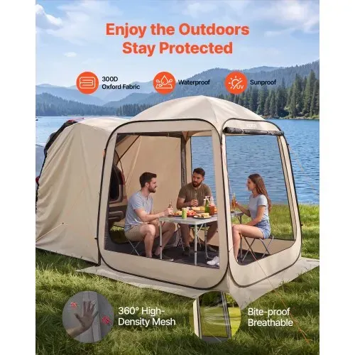 VEVOR Campingzelt, 182,88x182,88 cm, Pop-Up-Zelt für SUV-Heckklappe, tragbares Partyzelt 4-6 Personen mit Tragetasche, Seitenwände aus Netz, für Camping, Garten und Outdoor-Aktivitäten, Beige – Bild 5