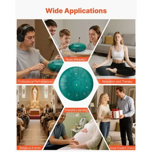 VEVOR Stahltrommel, Ø254 mm 11 Tönen, Regentrommel, C-Dur, mit Notenbuch & Schlägeln, Perkussionsinstrument für Meditation, Yoga & musikalische Anfängerausbildung, Steel Tongue Drum Grün – Bild 5
