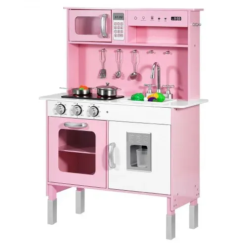 VEVOR Spielküche für Kinder, Kinderküche aus Holz mit Licht & Sound, Holzküche mit Herd Backofen Spüle Mikrowelle Eisspender & Getränkespender, Küchenspielzeug mit Kochset für Kinder ab 3 Jahren, Rosa – Bild 10