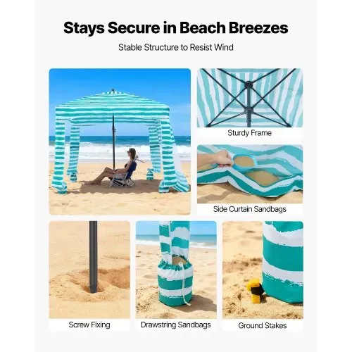 VEVOR Strand-Cabana 183 x 183 cm Strandüberdachung mit Seitenwand, UPF 50+ Sonnenschutz, Strandpavillon mit Sandsäcken, tragbarer Sonnenschutz Sonnenschirm für Familie, grüne Streifen – Bild 2