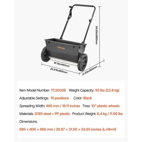 VEVOR Streuwagen, 22,6 kg Fassungsvermögen, Schleuderstreuwagen mit Einfülltrichter, 460 mm Streubreite & 30 Einstellmöglichkeiten, 25,4 cm Reifen, Düngerstreuer für Saatgut, Dünger – Bild 6