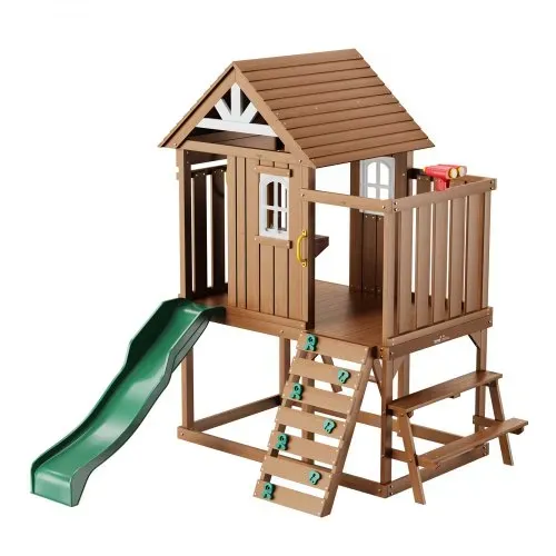 VEVOR Holzspielhaus Kinderspielhaus, Gartenhaus für Kinder ab 2 Jahren, Gartenspiele-Hütte, Spielhaus aus Zedernholz im Landhausstil mit Rutsche, Leiter, Kletterwand, Fenstern, Picknicktisch Outdoor – Bild 9