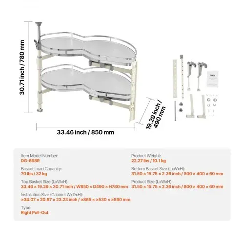 VEVOR Eckschrank-Organizer nach rechts, ausziehbarer Organizer für Jalousieschrank, 2-stufiges, höhenverstellbares Schwingtablett, sanft schließender Küchen-Organizer, rechts zu öffnen – Bild 6