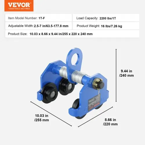 VEVOR Laufkatze 1000 kg Tragkraft Rollfahrwerk mit Doppelrädern, einstellbar für I-Trägerflanschbreite 63,5 bis 177,8 mm Hochleistungs-Garagenhebezeug aus legiertem Stahl für gerade gebogene I-Träger – Bild 6