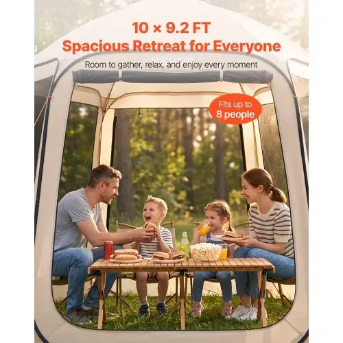 VEVOR Pop up Zelt, 3304,8x280,4 cm, Campingzelt für 4–8 Personen, Partyzelt inklusive Tragetasche, Seitenwänden aus Netz und Heringen, für Garten, Terrasse und Outdoor-Aktivitäten, Beige – Bild 2