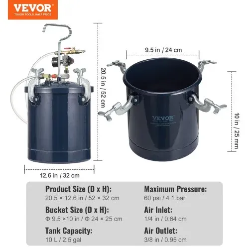 VEVOR Druckbehälter Farbbehälter Sprühfarbe Drucktopf 10 L Drucktank, 60 psi Lackierpistole Farbbehälter Φ 52 x 32 cm Spray Paint Pressure Pot Tank Paint Container Farbspritzpistolen Lacken, Flecken – Bild 6