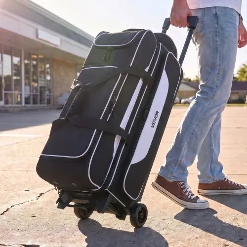 VEVOR Bowlingtasche mit Rollen für 3 Kugeln 600D Oxford Schwarz + Weiß, für Schuhe bis US-Größe 16 und Zubehör, mit Teleskopgriff (bis zu 1016 mm), Doppellagigen Ablagen und Verstärkten Nähten – Bild 7