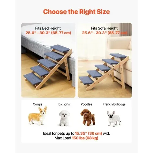 VEVOR Hundetreppe 780x470x660 mm, 5-stufige Hautiertreppe, klappbare Holztreppe geeignet für kleine, mittlere, große, ältere Haustiere sowie Welpen bis 68 kg, Hundeleiter für Betten, Sofas & Autos – Bild 4