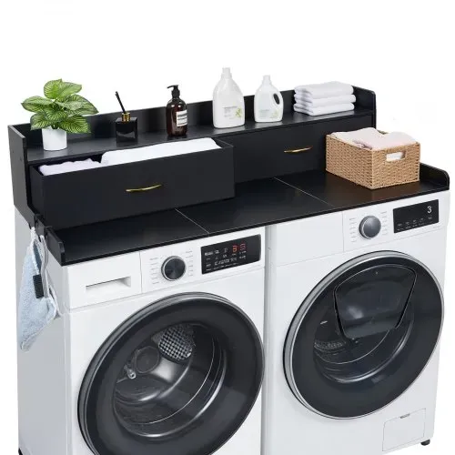 VEVOR Arbeitsplatte für Waschmaschine & Trockner (137 x 69,9 cm) mit Ablage & 2 Schubladen & Haken, für Wäscheschrank Speisekammer Küchentheke, 113 kg Belastbar, Schwarz, Ablagefläche für Waschmittel – Bild 8