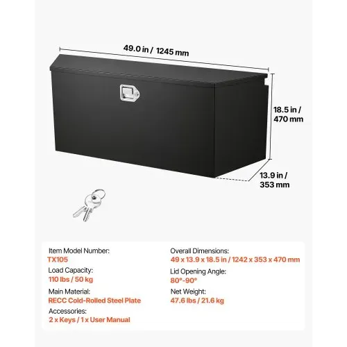 VEVOR Deichselbox Truckbox 1245 x 353 x 470 mm aus Stahl, 50 kg Belastbare Werkzeugaufbewahrungsbox mit Schloss & Schlüsseln, Anhängerbox für Pickup-Ladeflächen Wohnmobile SUVs Geländewagen, Schwarz – Bild 6