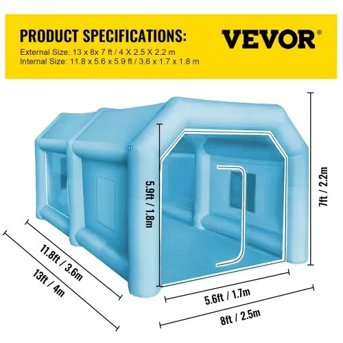 VEVOR Aufblasbares Spritzkabinenzelt nach Maß, Aufblasbares Lackierkabinenzelt 750 W + 350 W Auto Lackierkabine Arbeitsplatz 210D Oxford-Gewebe mit 2 Gebläsen 4 x 2,5 x 2,2 m Blau Autoparkgarage – Bild 6