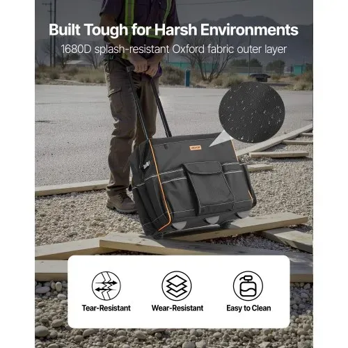 VEVOR Werkzeugtasche mit Rollen, Tragkraft 50 kg, 25 Taschen, Arbeitsrucksack mit verstellbarem Teleskopgriff & stabiler Basis, Werkzeugtaschen-Organizer für Elektriker, Baugewerbe, 460x270x430 mm – Bild 2