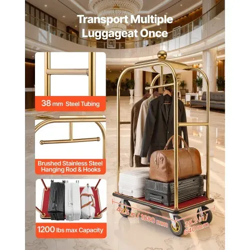 VEVOR Hotelgepäckwagen aus Edelstahl, 544,31 kg Belastbarer Kofferwagen mit 8 Zoll Gummirädern, Hotelwagen mit Rotem Teppichboden & Garderobenstange, Gewerblicher Gepäckwagen für Hotels Resorts, Gold VEVOR Hotelgepäckwagen aus Edelstahl, 544,31 kg Belastbarer Kofferwagen mit 8 Zoll Gummirädern, Hotelwagen mit Rotem Teppichboden & Garderobenstange, Gewerblicher Gepäckwagen für Hotels Resorts, Gold
