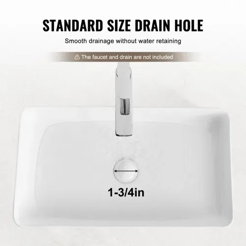 VEVOR Rechteckiges Aufsatzwaschbecken, 61 x 35 cm, Badezimmer-Aufsatzwaschbecken, weißes Keramik-Waschbecken über der Theke, moderner Stil, hell und elegant, gut verpackt für Badezimmer, Hotel, Toilette, Wohnmobil – Bild 2