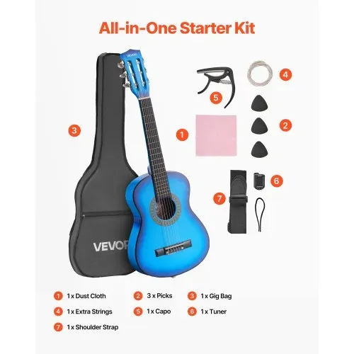 VEVOR Konzertgitarre, 780 mm, Holz-Klassikgitarren-Starter-Set für Anfänger, mit Nylonsaiten, Gigbag, Gurt, Stimmgerät, zusätzlichen Saiten, Plektren, Kapodaster, Linde, für Einsteiger, Blau – Bild 6