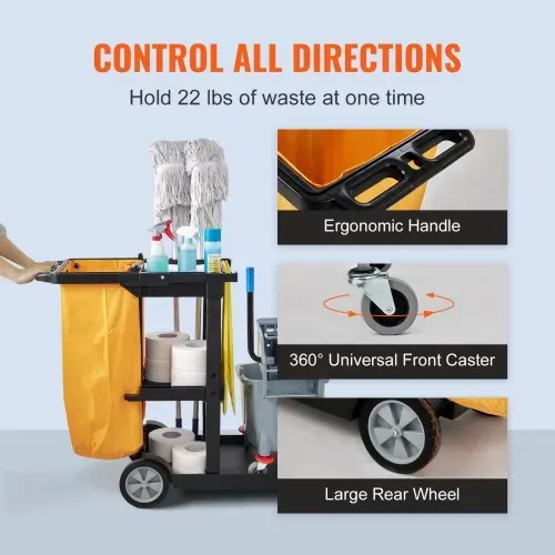 VEVOR Reinigungswagen Putzwagen mit 3 Fächern, Hygienewagen Reinigungswagen 90,7 kg Tragfähigkeit, Schwarz PP Wischwagen Systemwagen inkl. PVC-Müllsack & Handschuhe, geeignet für Büros, Malls, Hotels – Bild 5