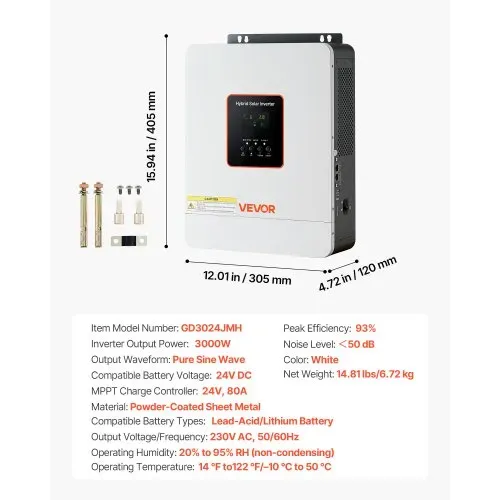 VEVOR 3000W Hybrid-Wechselrichter, 24V DC auf 230V AC, mit integriertem 80A MPPT-Solarladeregler, kompatibel mit Blei-Säure-& Lithiumbatterien, für Zuhause, RV & netzunabhängige Systeme – Bild 6