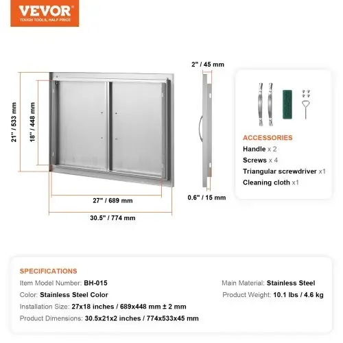 VEVOR Grill-Zugangstür, 774 x 533 mm, Doppelte Außenküchentür, Flächenbündig Montierte Edelstahltür, Vertikale Wandtür mit Griffen, für Grillinsel, Grillstation, Außenschrank – Bild 6